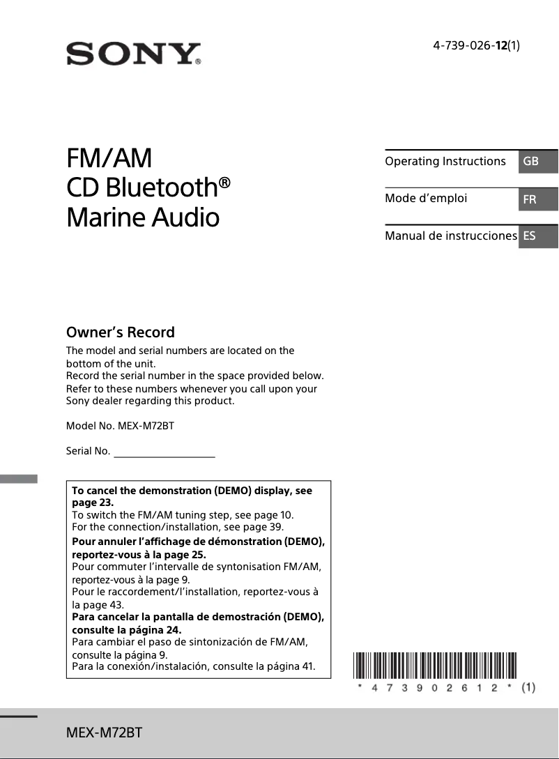 Page 1 de la notice Manuel utilisateur Sony MEX-M72BT