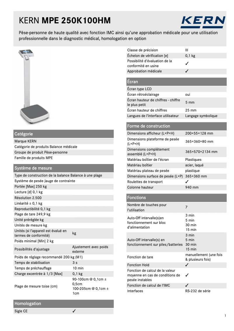 Page 1 de la notice Fiche technique Kern MPE 250K100HNM