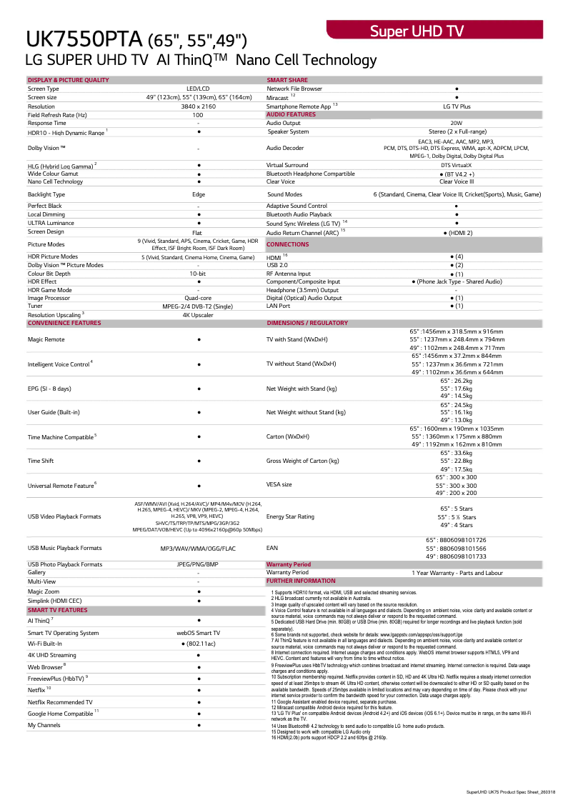 Page 1 de la notice Fiche technique LG 65UK7550