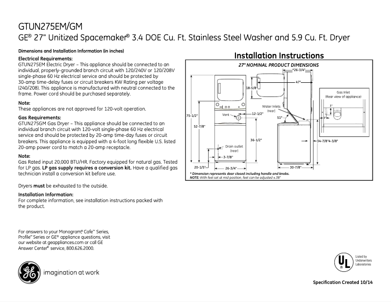 Page 1 of the manual Technical Sheet GE Unitized Spacemaker GTUN275GMWW
