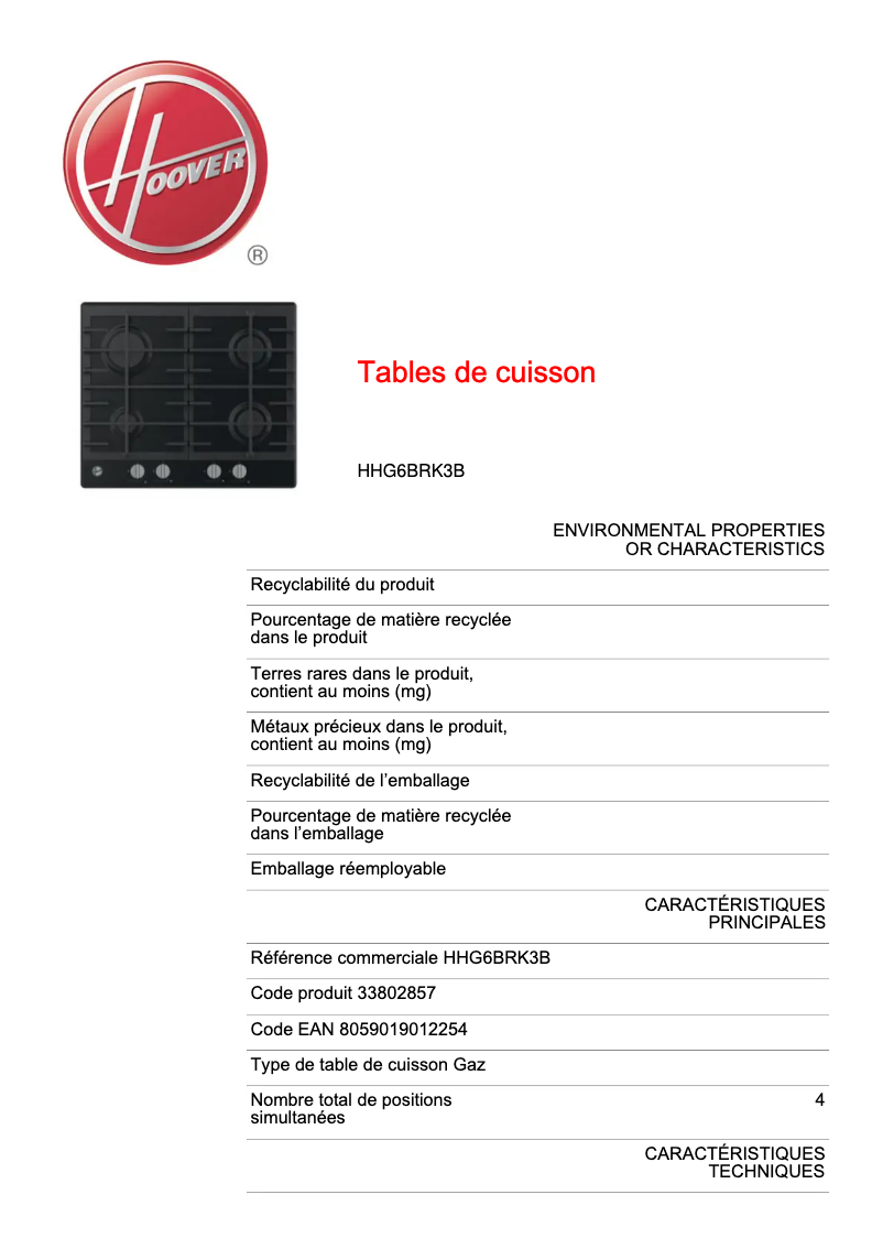 Página 1 del manual Ficha técnica Hoover H-HOB 300 HHG6BRK3B