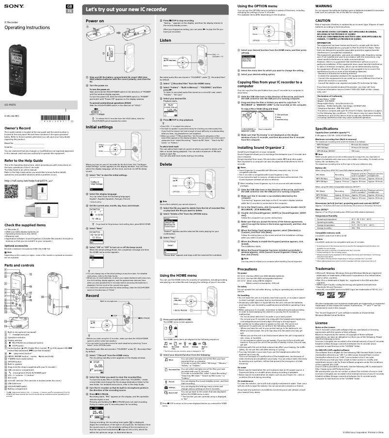 Page 1 de la notice Manuel utilisateur Sony ICD-PX370