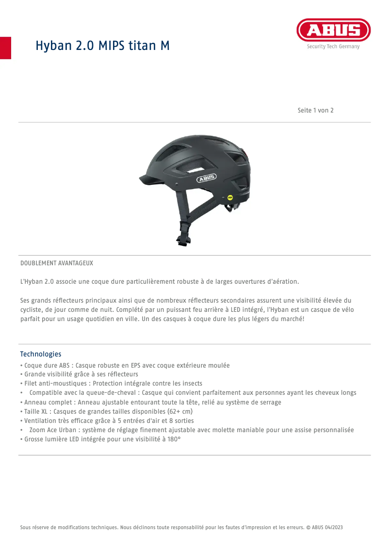 Page 1 of the manual Technical Sheet Abus Hyban 2.0 MIPS