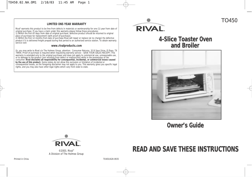Page 1 of the manual User Manual Rival TO450