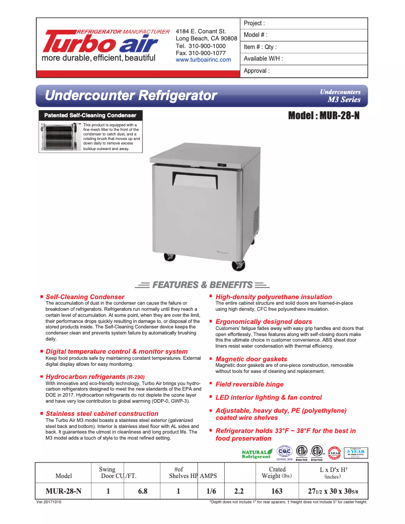 Página 1 del manual Ficha técnica Turbo air MUR-28
