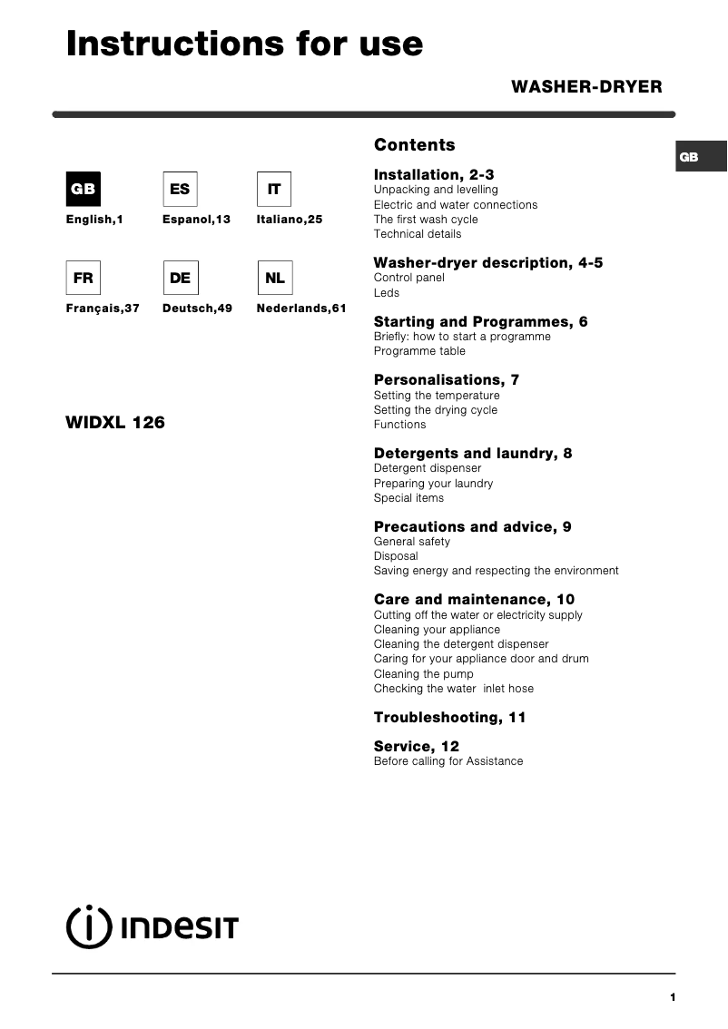 Página 1 del manual Manual de usuario Indesit WIDXL 126 (EX)