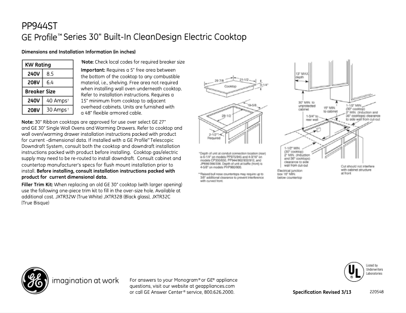 Página 1 del manual Ficha técnica GE Profile PP944STSS