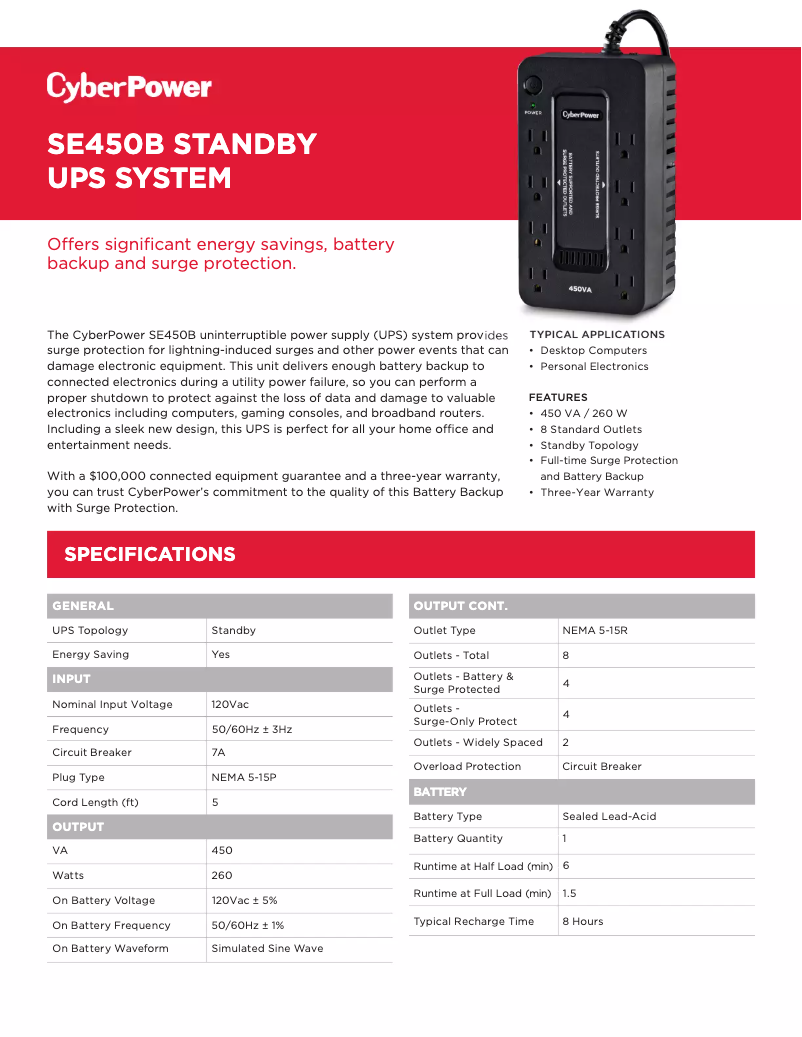 Página 1 del manual Ficha técnica CyberPower SE450B