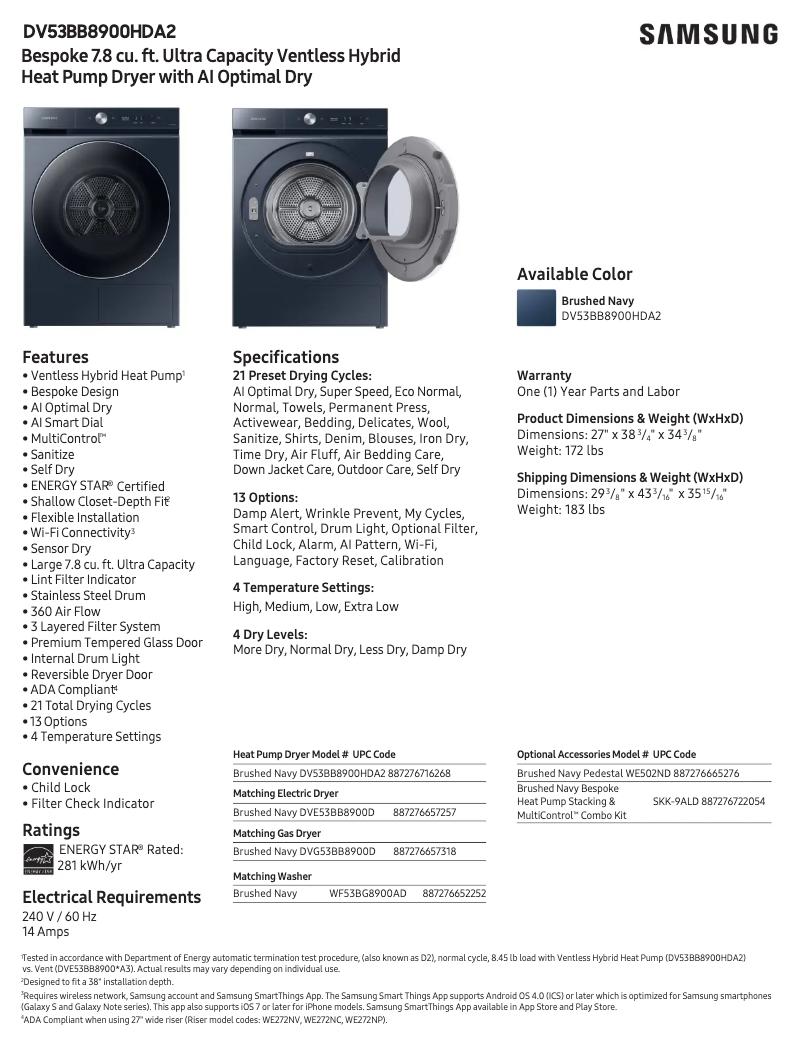 Página 1 del manual Ficha técnica Samsung DV53BB8900HDA2