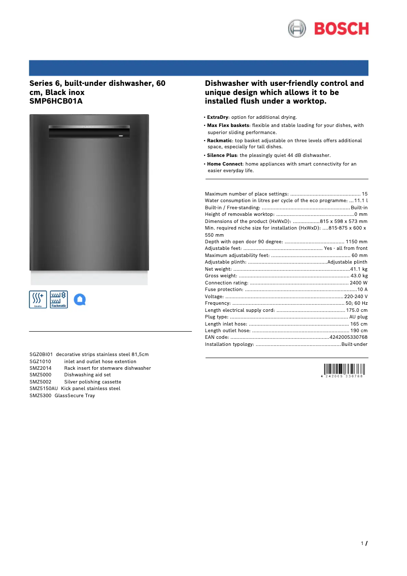 Page 1 de la notice Fiche technique Bosch SMP6HCB01A