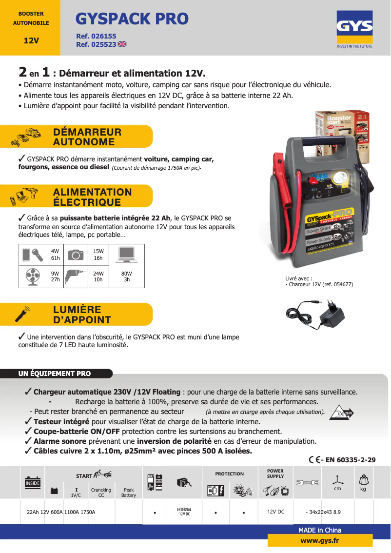 Page 1 de la notice Fiche technique GYS Gyspack PRO