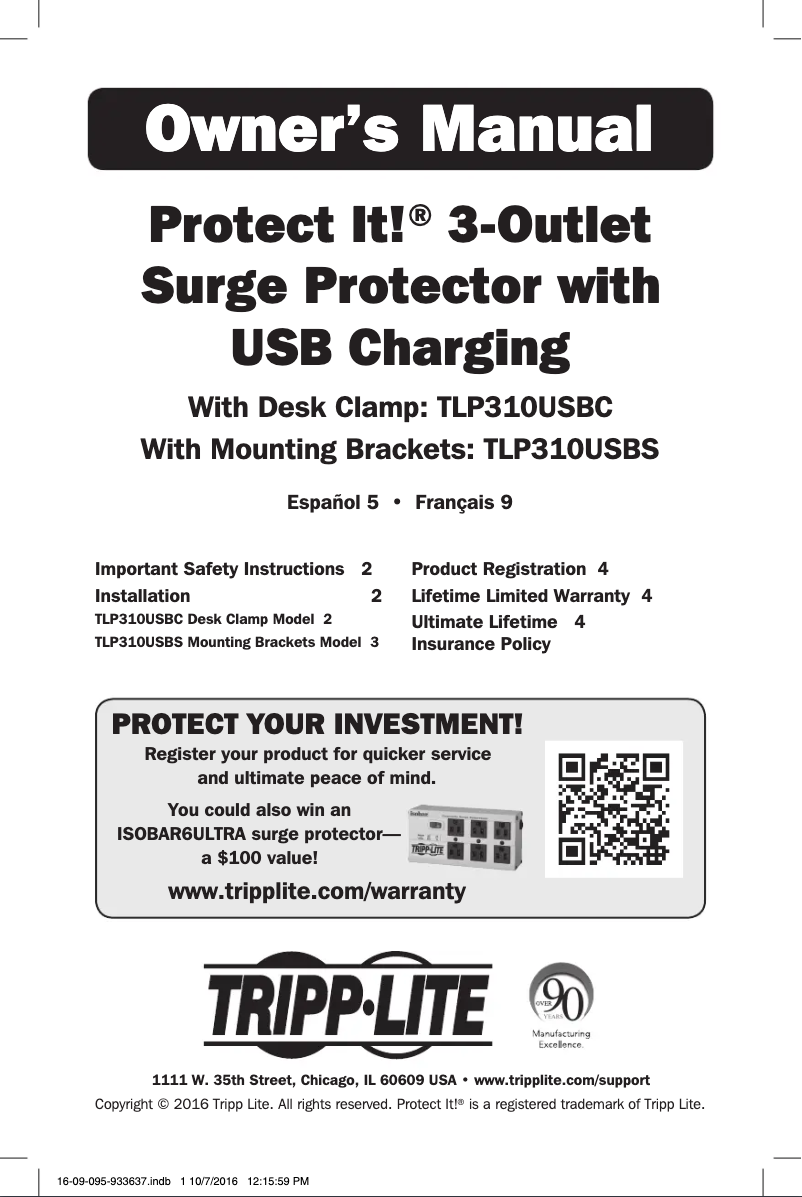 Page 1 de la notice Manuel utilisateur Tripp Lite Protect It! TLP310USBC