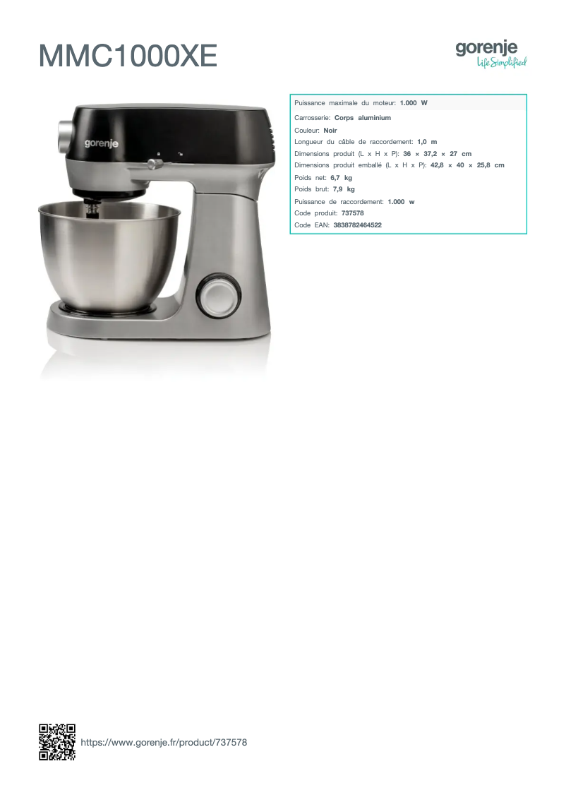 Página 1 del manual Ficha técnica Gorenje MMC1000XE