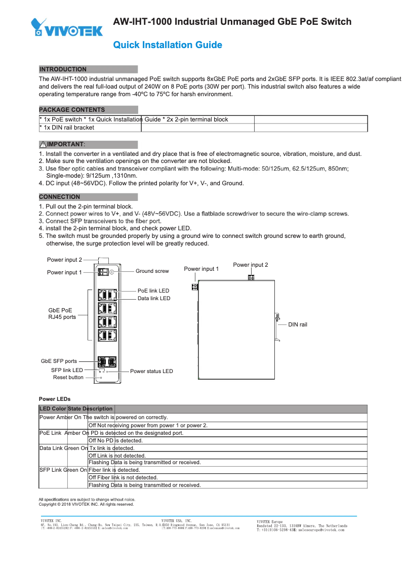 Page 1 of the manual Installation Guide Vivotek AW-IHT-1000