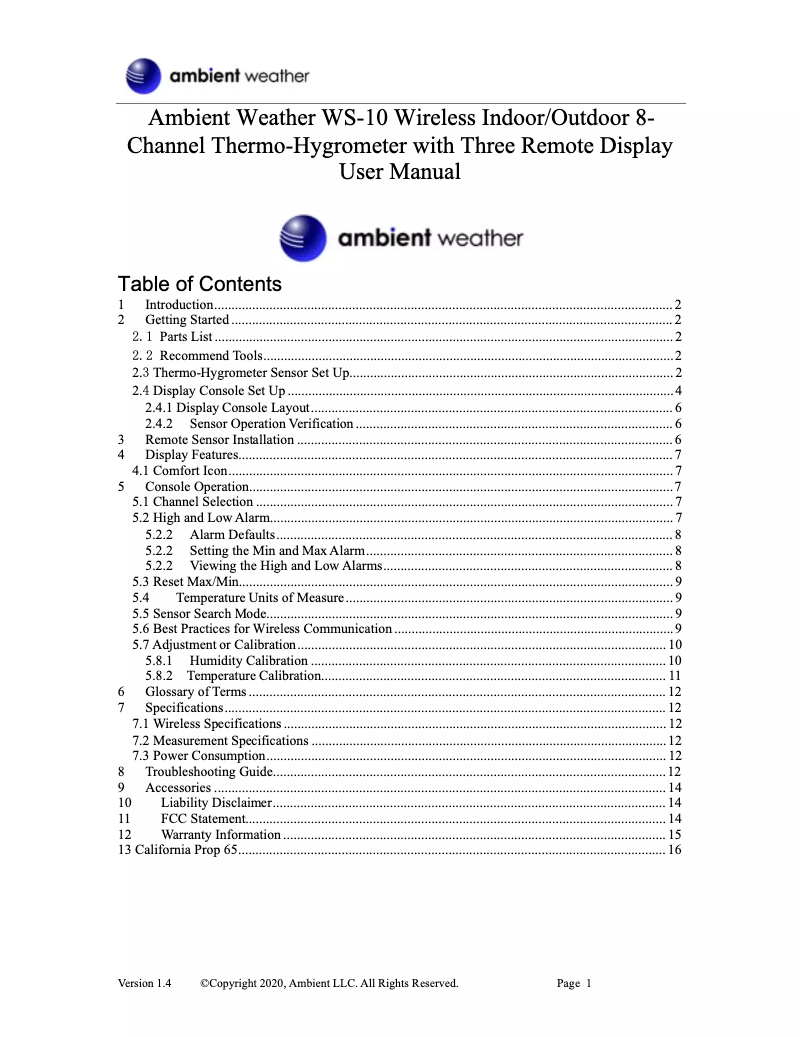 Page 1 de la notice Manuel utilisateur Ambient Weather WS-10