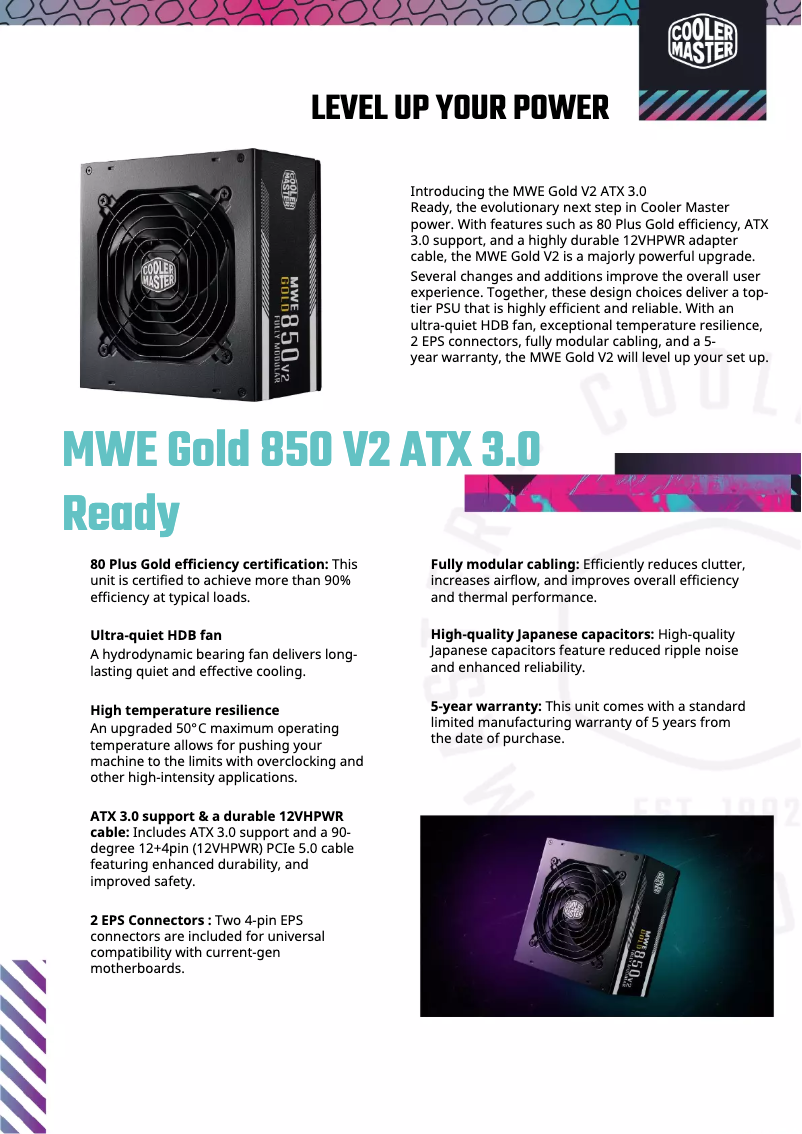 Page 1 de la notice Fiche technique Cooler Master MWE Gold 850 V2