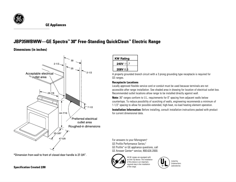 Página 1 del manual Ficha técnica GE Spectra JBP35WBWW