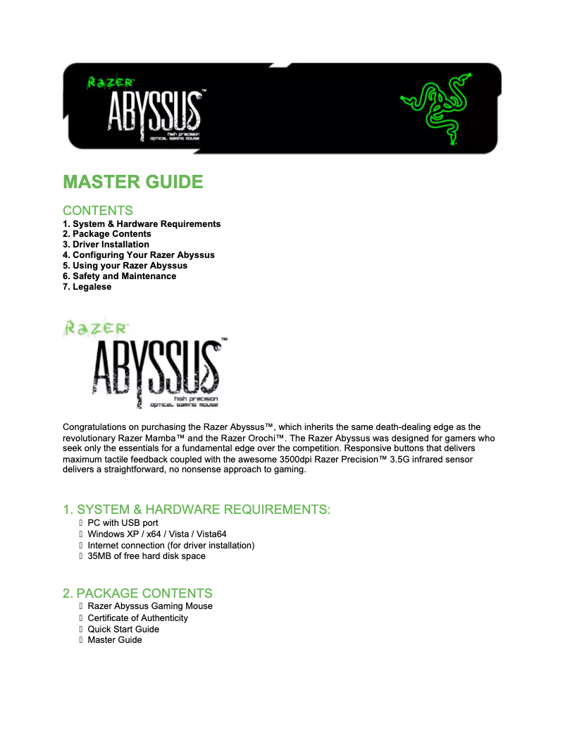 Page 1 de la notice Manuel utilisateur Razer Abyssus Elite