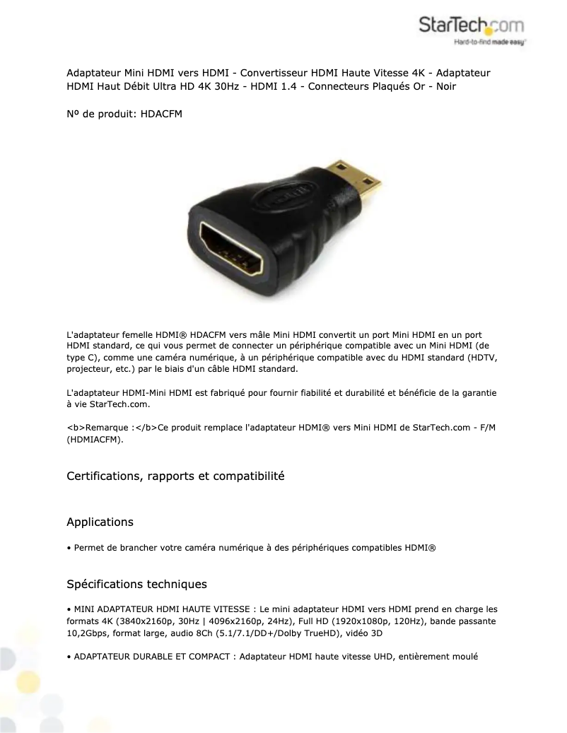 Page 1 de la notice Manuel utilisateur StarTech.com KD07694