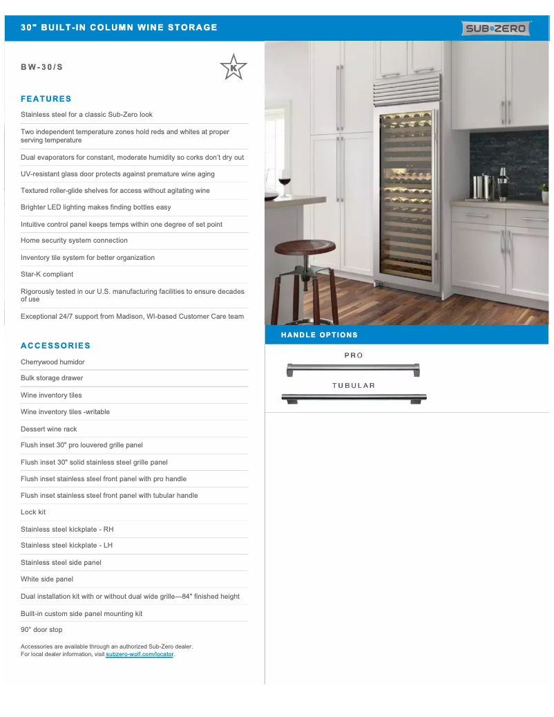 Page 1 de la notice Fiche technique Sub-Zero BW30SPHRH