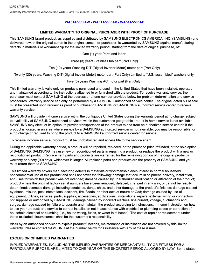 Página 1 del manual Información de garantía Samsung WA51A5505AV