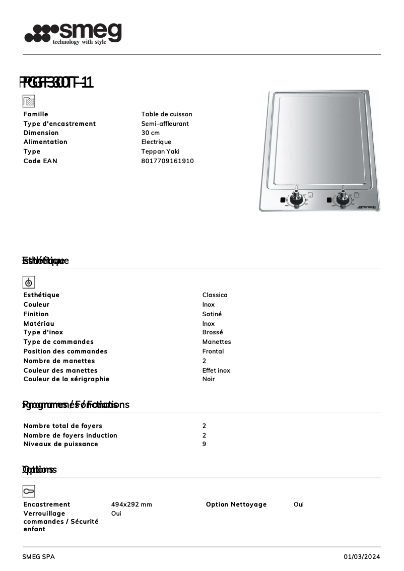 Página 1 del manual Ficha técnica Smeg PGF30T-1