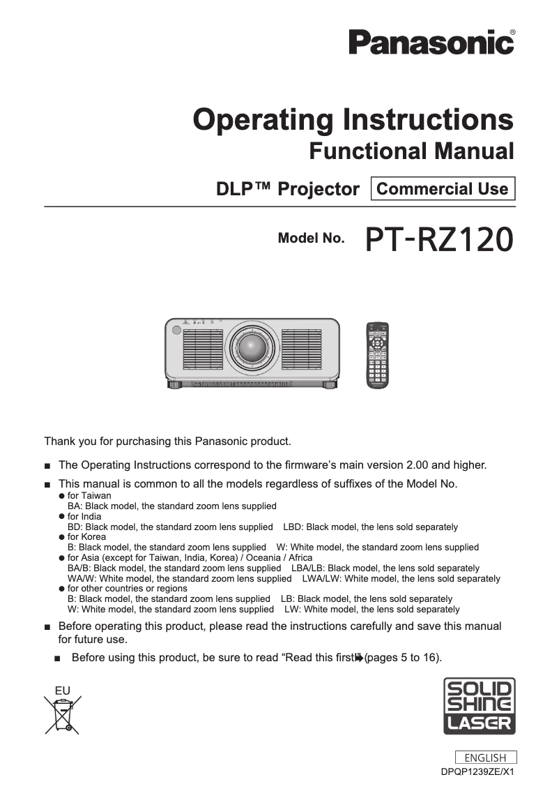 Page 1 of the manual User Manual Panasonic Solid Shine PT-RZ120