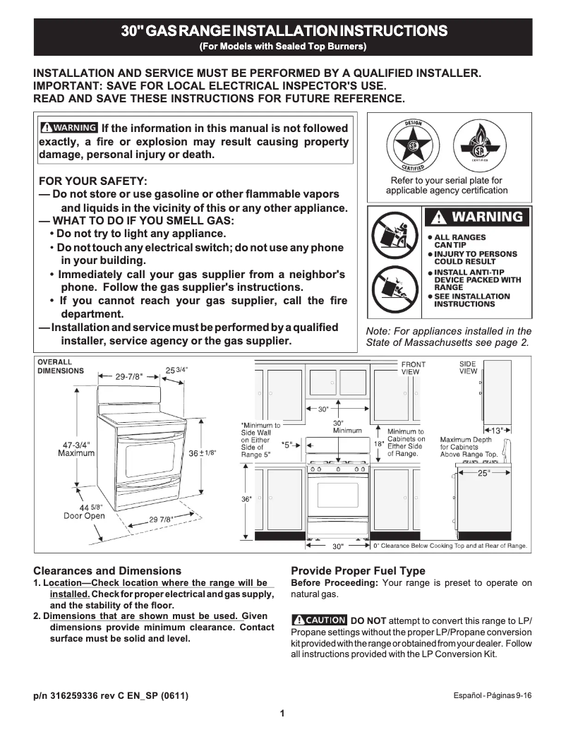 Page 1 de la notice Guide d'installation Frigidaire FGF366EM