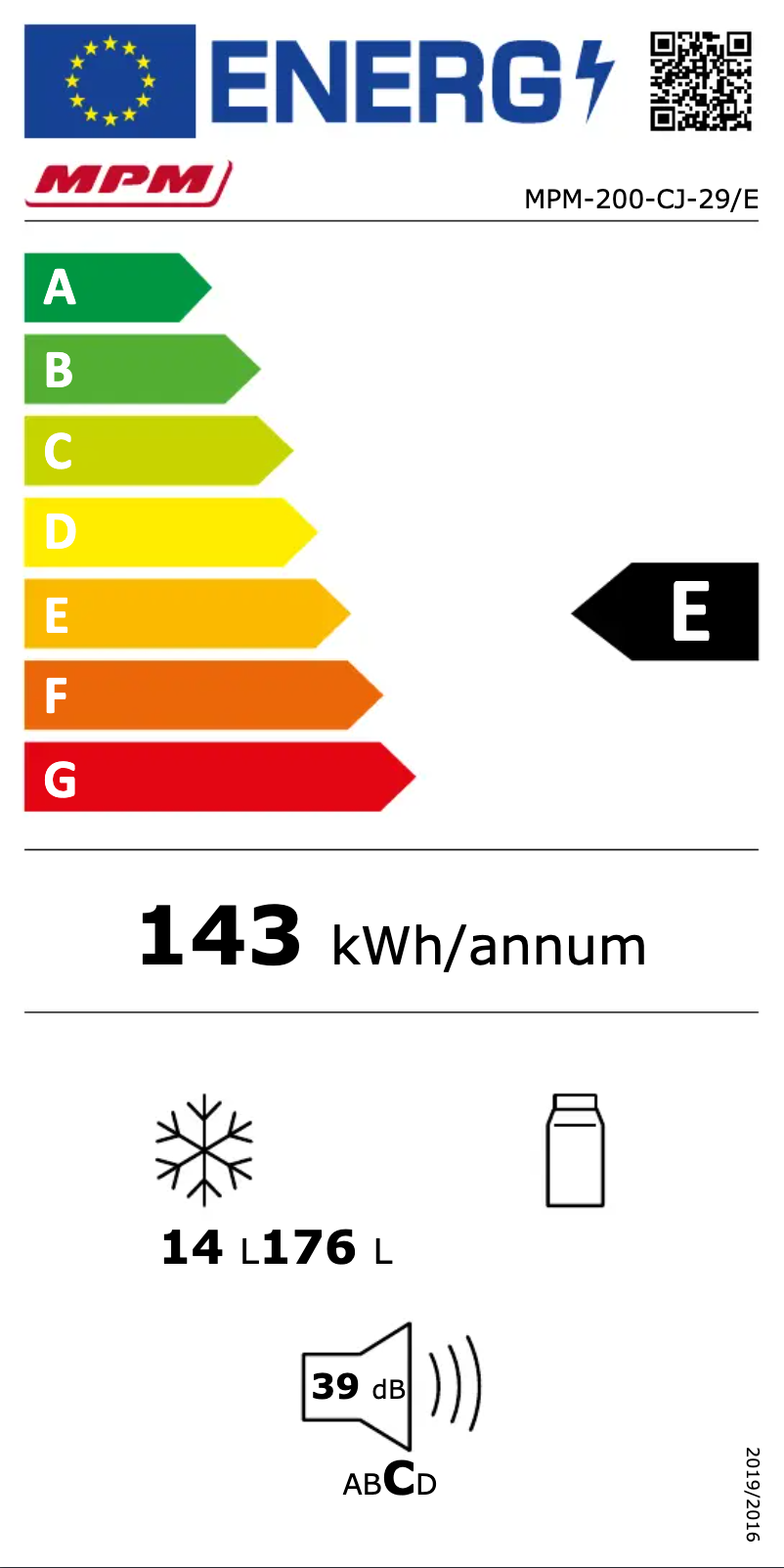 Page 1 de la notice Label énergétique MPM MPM-200-CJ-29/E