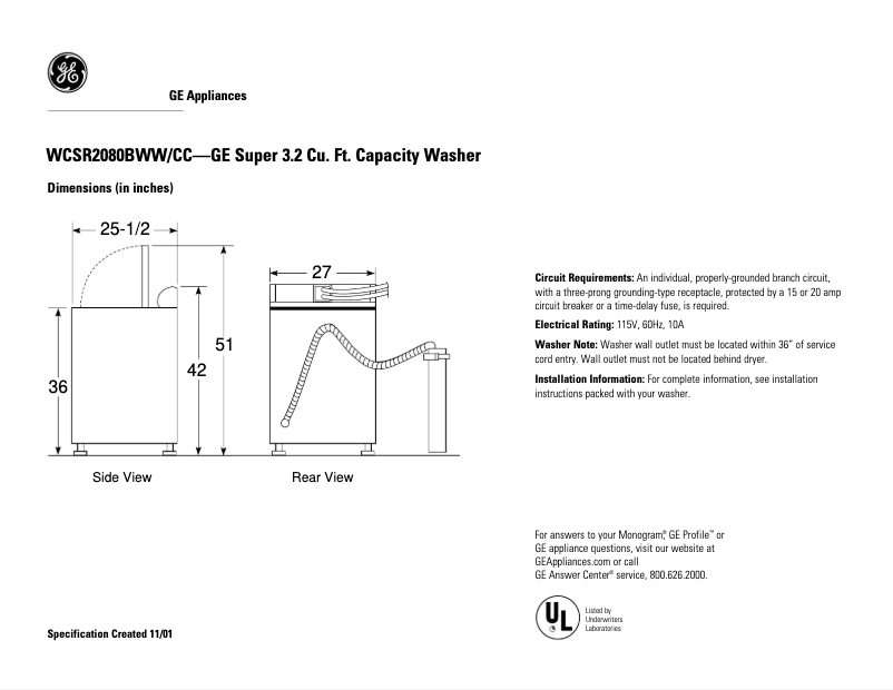 Page 1 of the manual Technical Sheet GE WCSR2080BCC