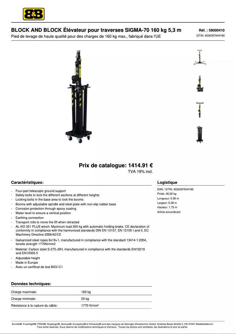 Page 1 de la notice Fiche technique Block & Block SIGMA-70