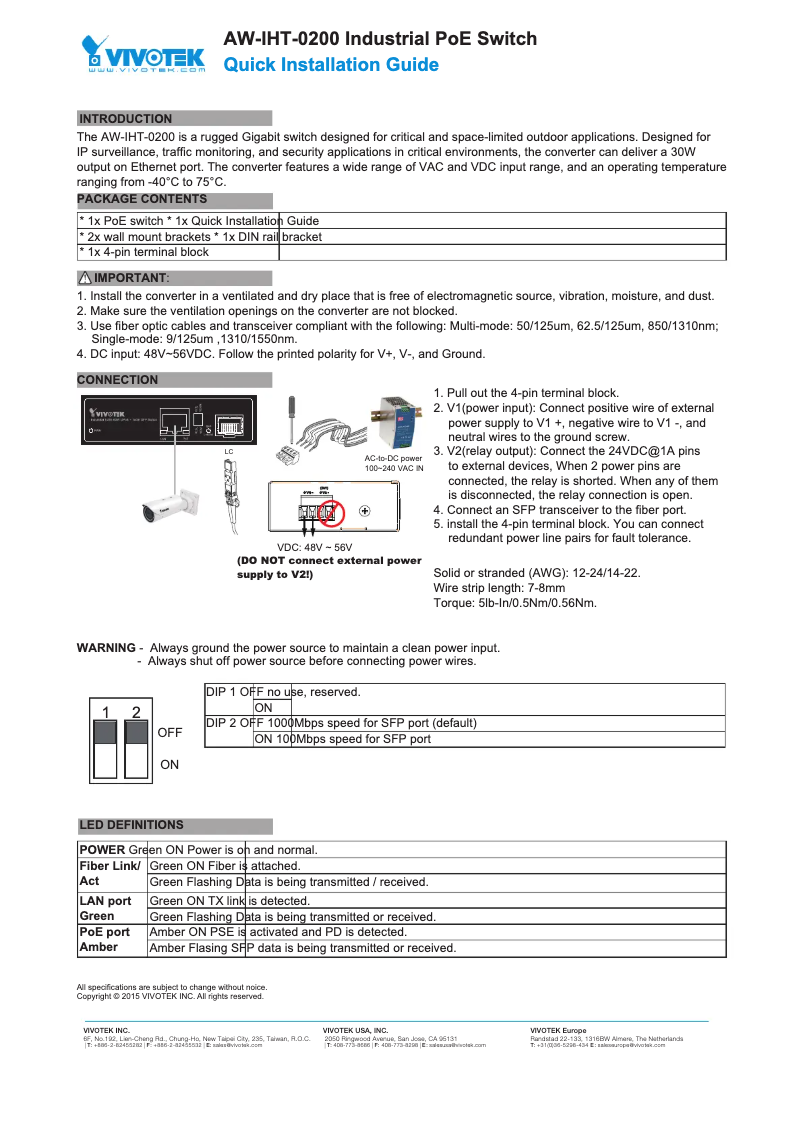 Page 1 de la notice Guide d'installation Vivotek AW-IHT-0200