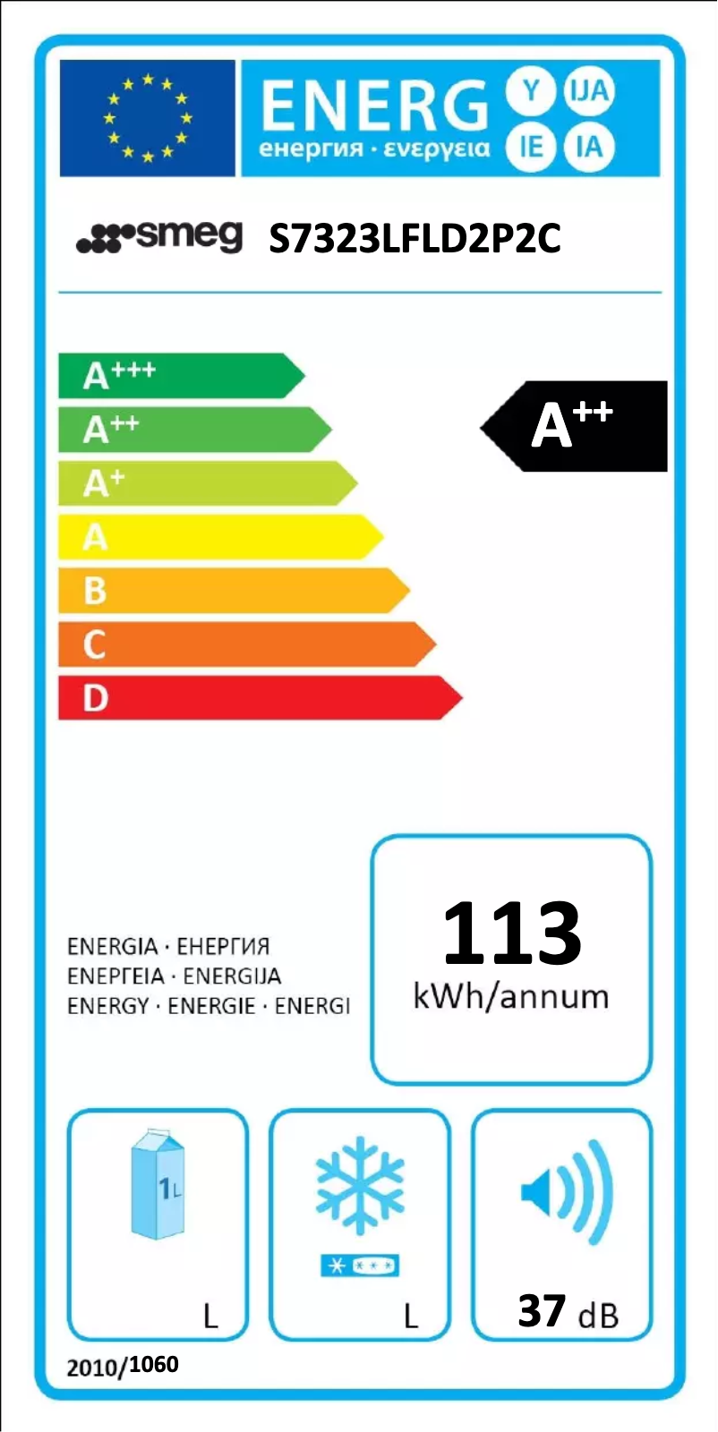 Page 1 de la notice Label énergétique Smeg S7323LFLD2P2C