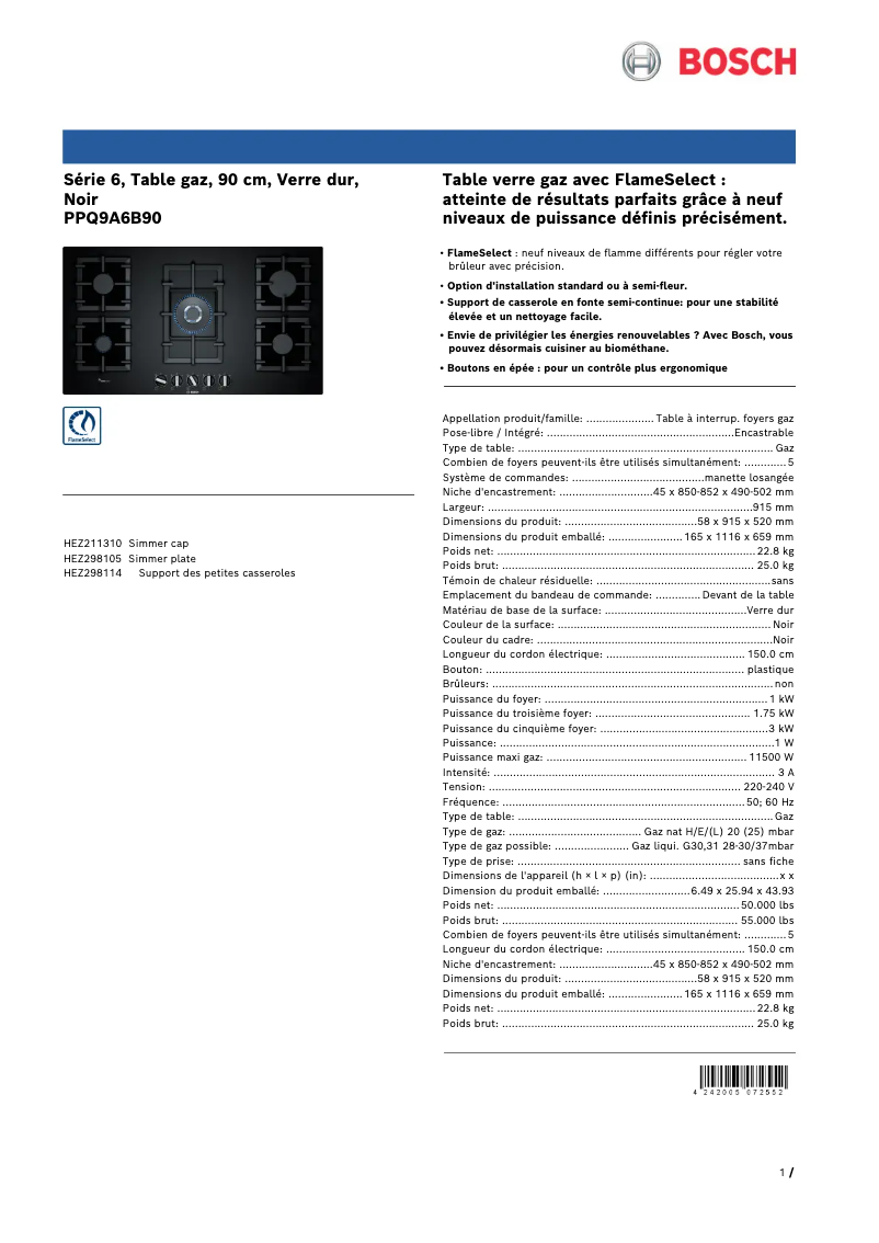 Page 1 de la notice Fiche technique Bosch PPQ9A6B90