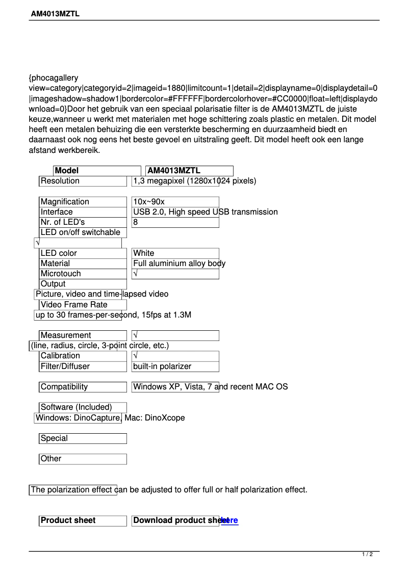 Page 1 de la notice Manuel utilisateur Dino-Lite AM4013MZTL