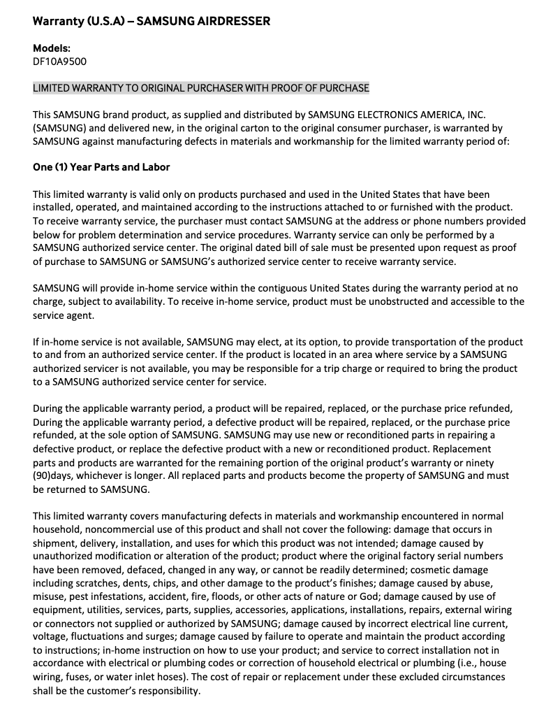 Página 1 del manual Información de garantía Samsung DF10A9500CG