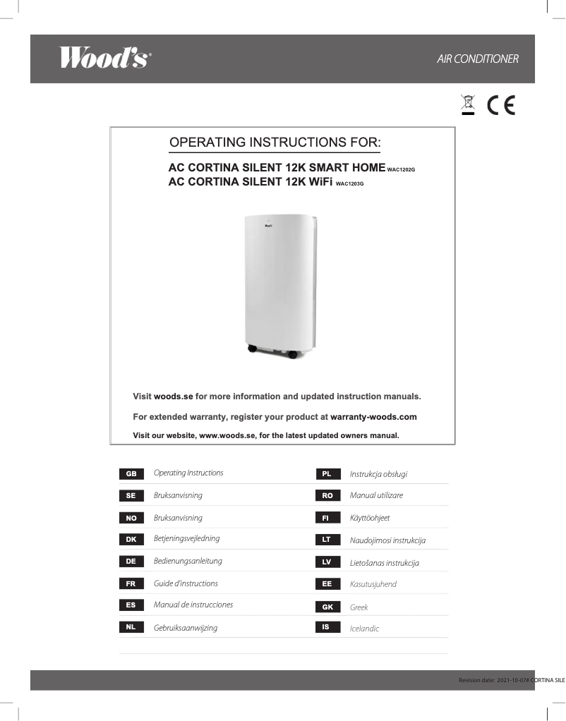 Page 1 de la notice Manuel utilisateur Wood's AC Cortina Silent 12K WiFi