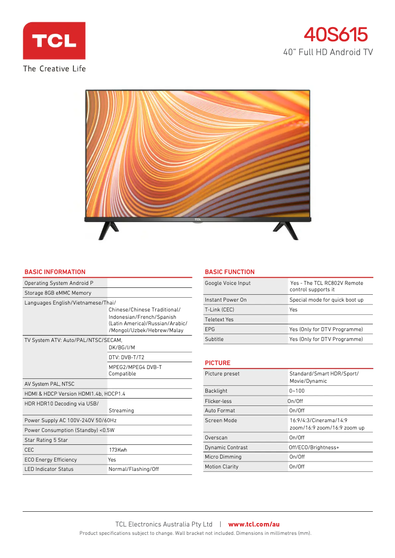 Page 1 of the manual Technical Sheet TCL 40S615