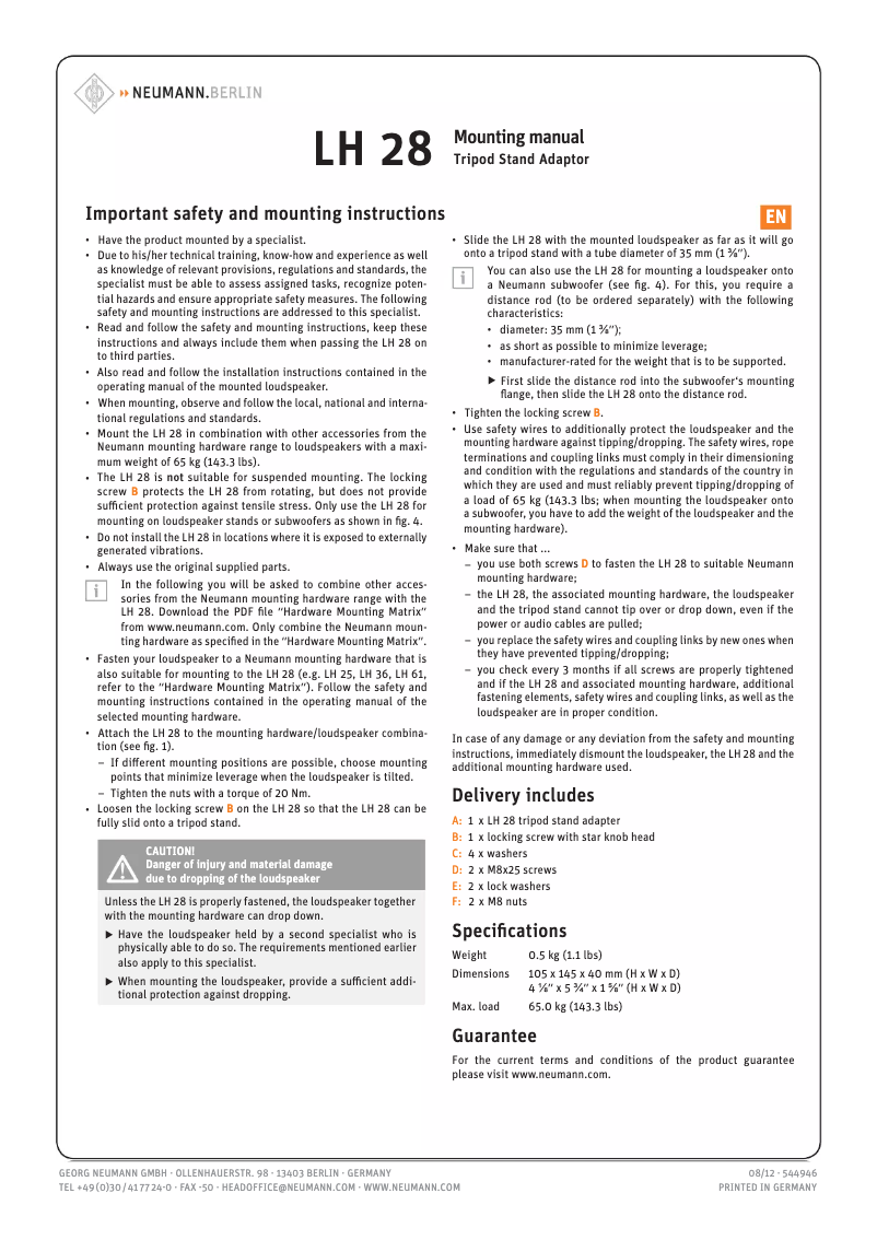 Page 1 de la notice Manuel utilisateur Neumann LH 28