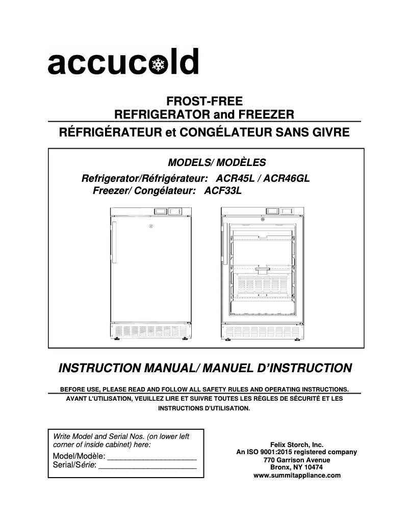 Page 1 de la notice Manuel utilisateur Accucold ACR45LCALSTO