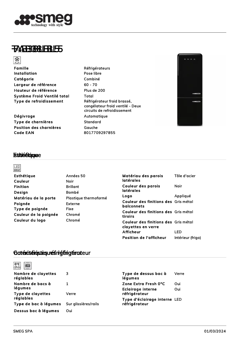 Página 1 del manual Ficha técnica Smeg FAB38LBL5