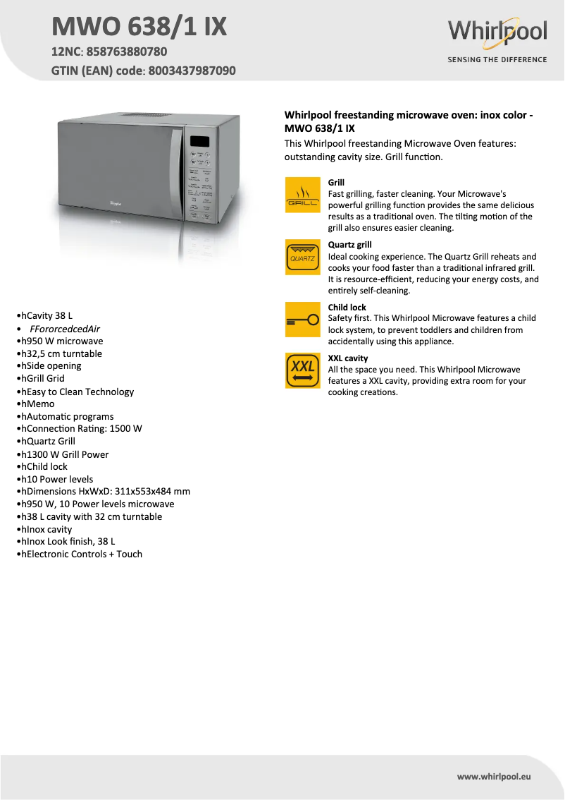 Página 1 del manual Ficha técnica Whirlpool MWO 638