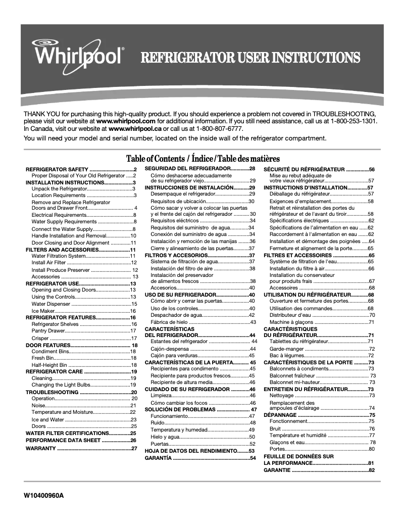 Page 1 de la notice Manuel d'utilisation et d'entretien Whirlpool WRF560SMY