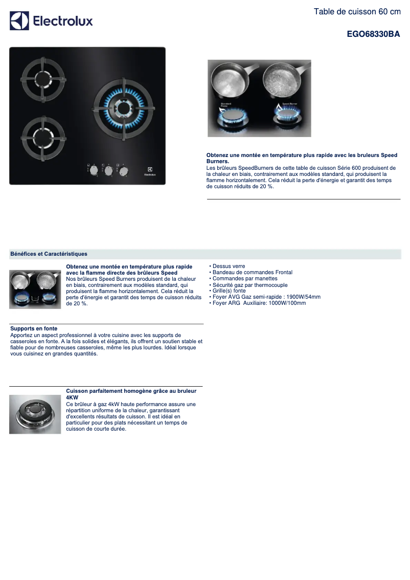 Page 1 de la notice Fiche technique Electrolux EGO68330BA