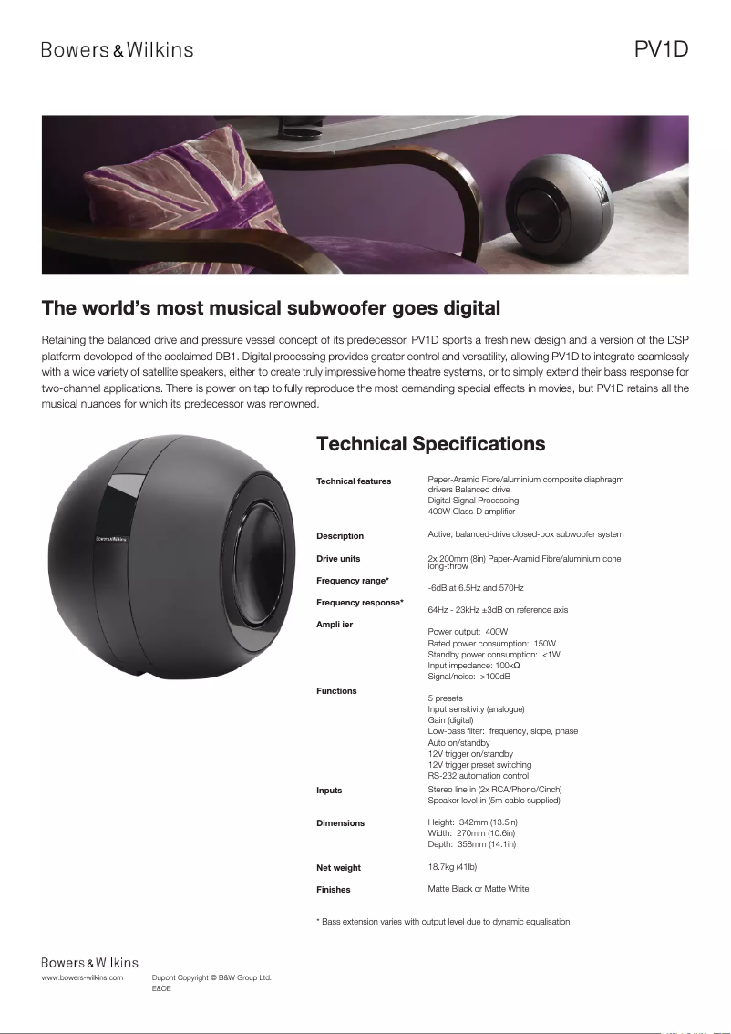 Page 1 de la notice Fiche technique Bowers & Wilkins PV1D