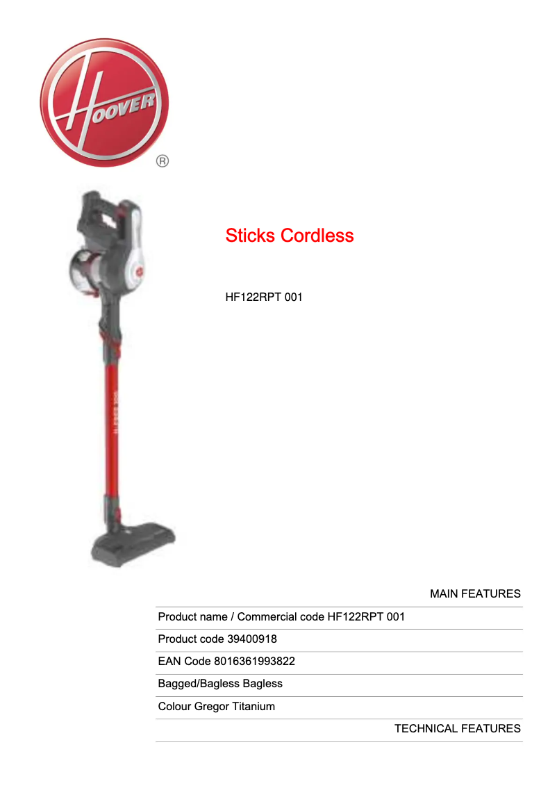 Page 1 de la notice Fiche technique Hoover H-FREE 100 HF122RPT 001