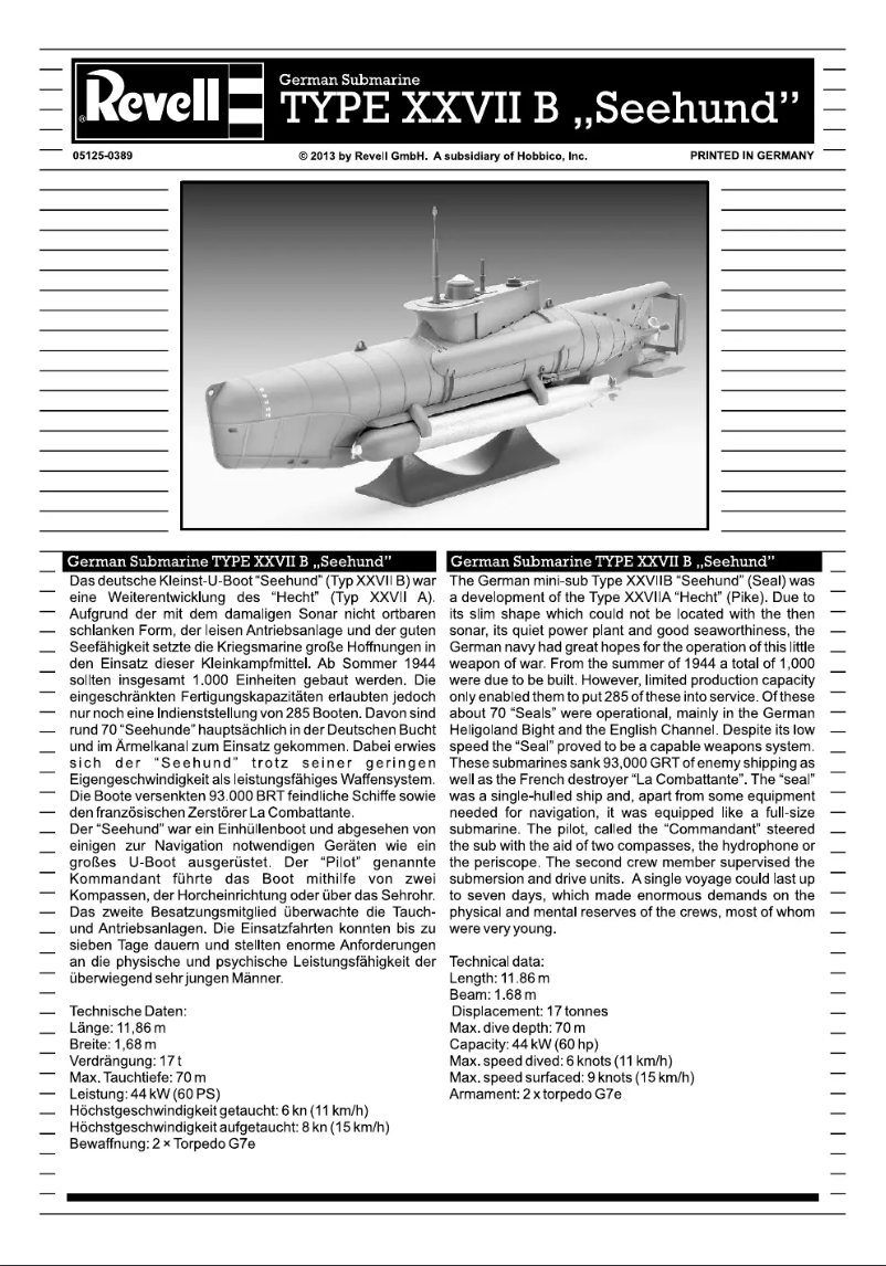 Page 1 de la notice Manuel utilisateur Revell U-Boot Type XXVIIB
