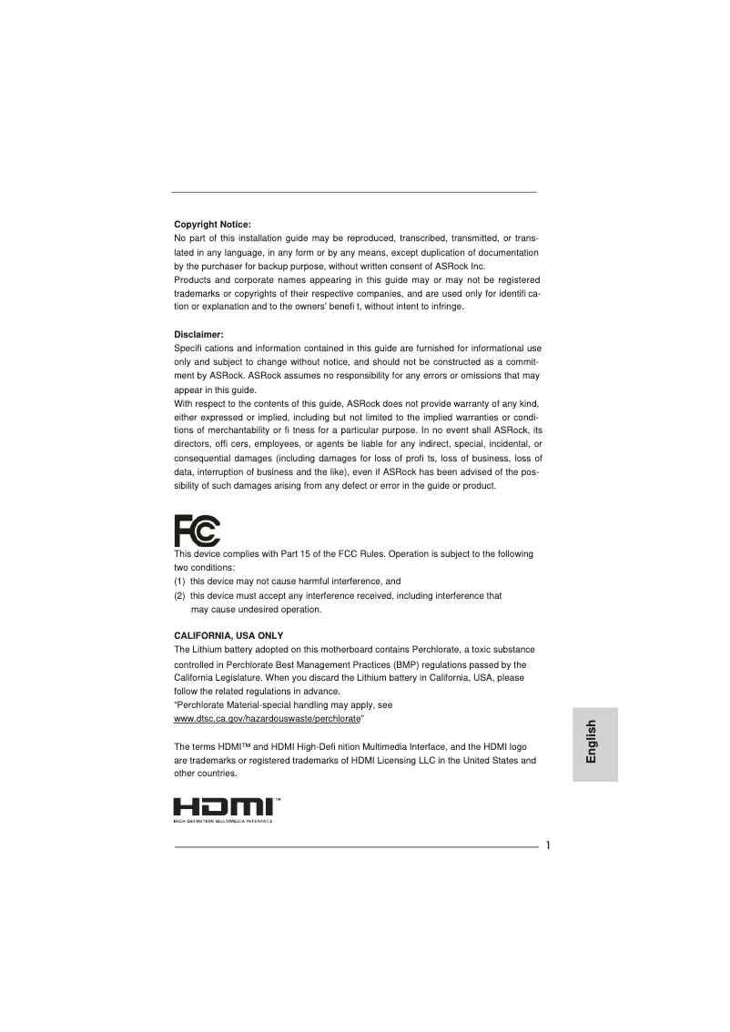 Page 1 de la notice Manuel utilisateur Asrock H55M/USB3 R2.0