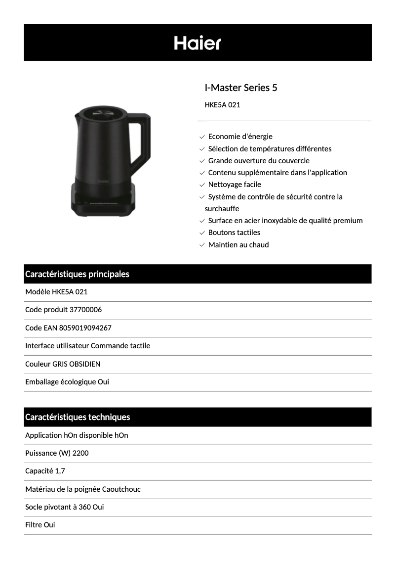 Page 1 de la notice Fiche technique Haier HKE5A 021