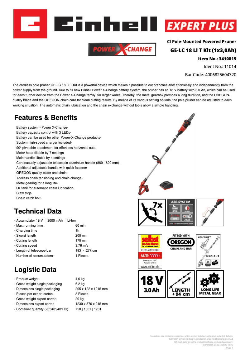 Page 1 de la notice Fiche technique Einhell GE-LC 18 Li T Kit